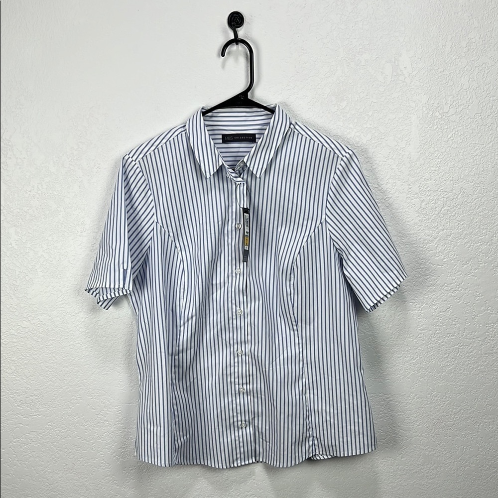 M&S Collection Blue Mix Top ButtonDown Short Sleeve UK 16 (Large) Striped TC0134